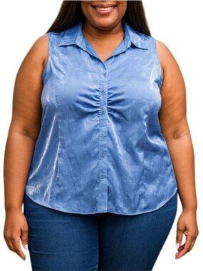 Blue Diamond Plus Size 18W Top Sleeveless Ruched Collared Button-Up Shiny Blue